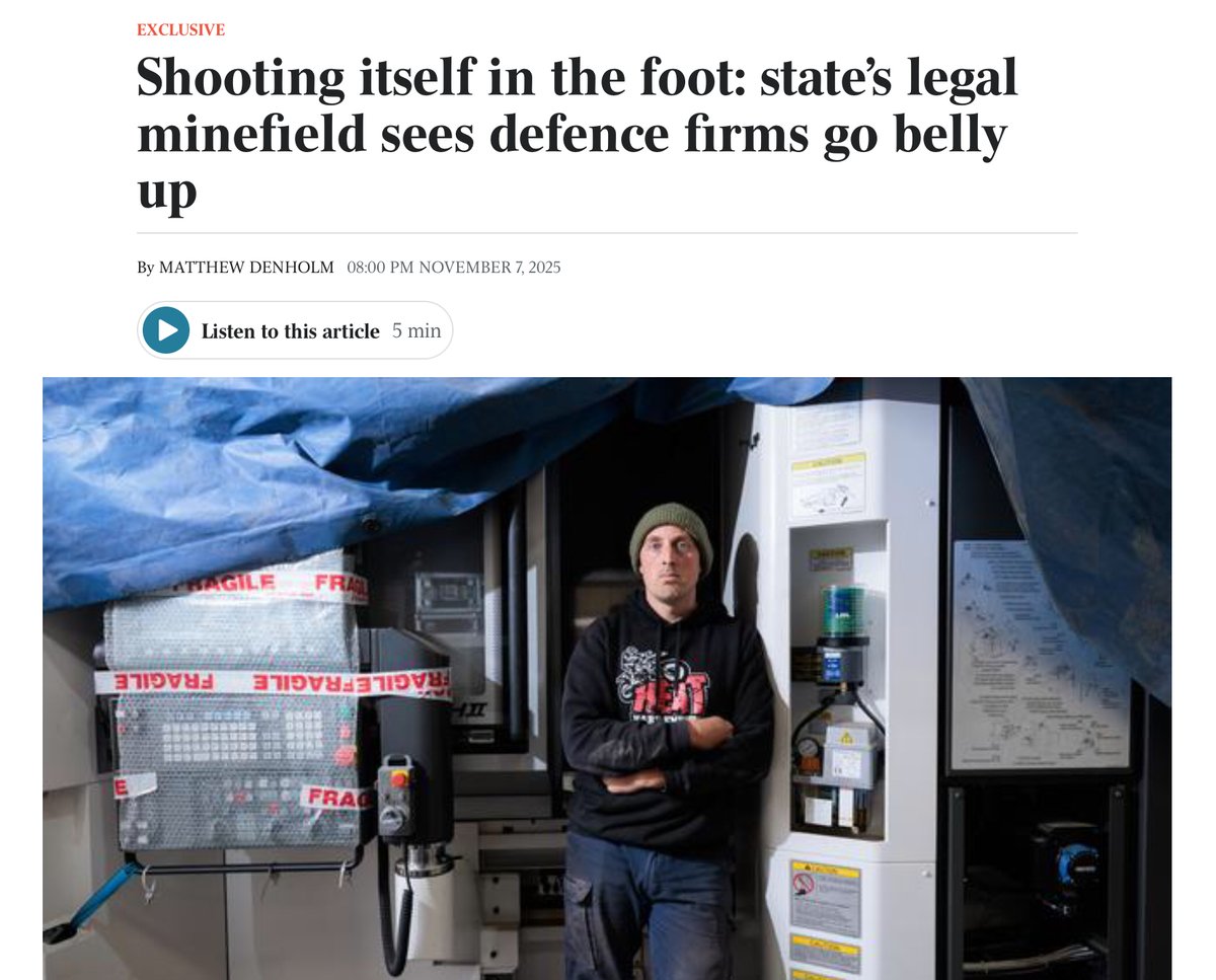 Shooting itself in the foot: state’s legal minefield sees defence firms go belly up theaustralian.com.au/nation/shootin… #politas #auspol #defence #defenceindustries #manufacturing #BackAustralia