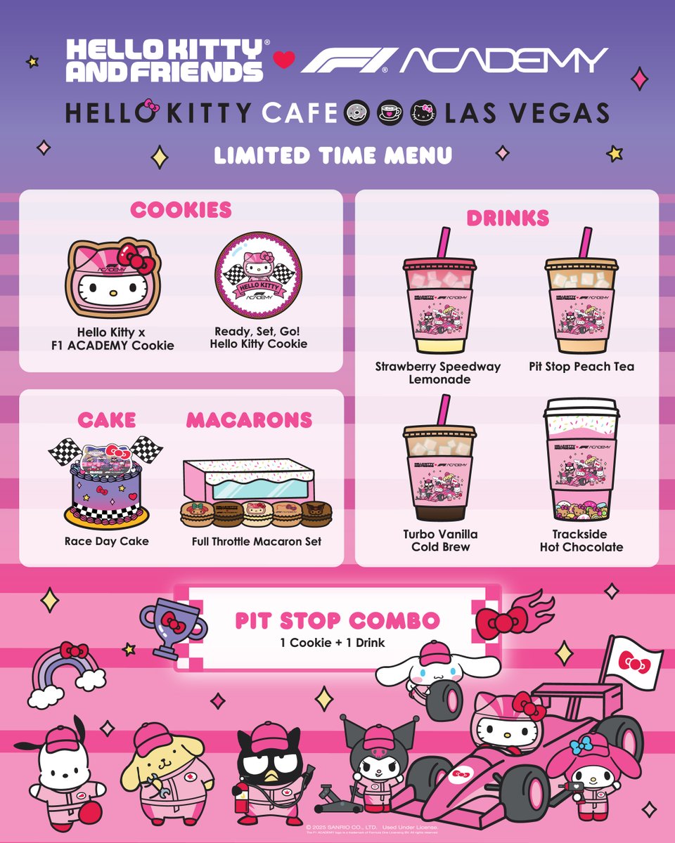 Hello, Las Vegas! 🏎️ 🎀 Join Hello Kitty for two special meet and greets on Saturday, November 8th to celebrate the Grand Opening of the F1 HUB and the new limited @hellokittycafe menu!