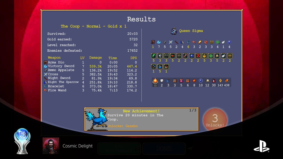 Platinum #88: Vampire Survivors 
My go-to PS Portal game. Every run is a blast and there’s still a bajillion trophies to unlock. 
#PlayStationTrophy #PS5Share #VampireSurvivors