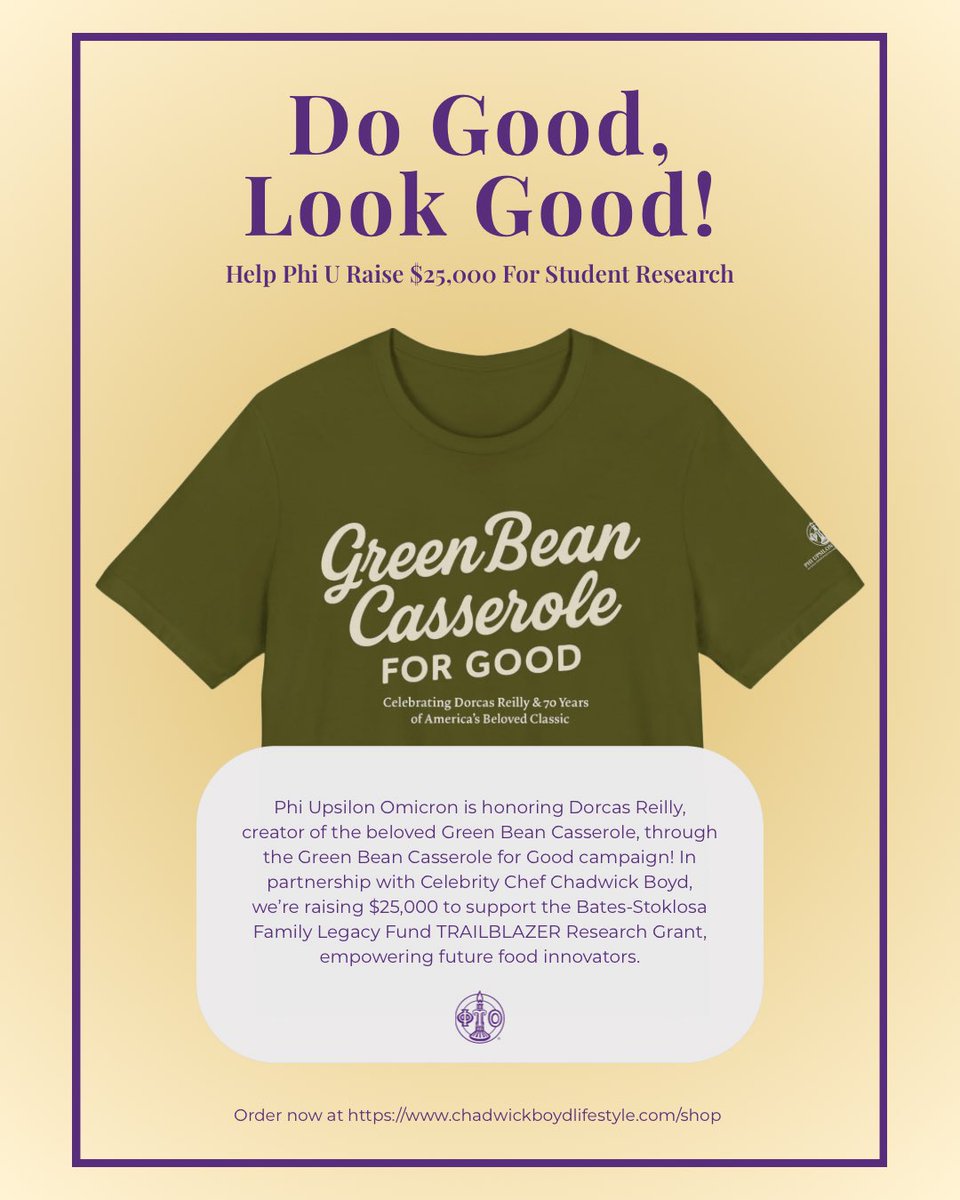 Haven’t ordered your Green Bean Casserole For Good shirt yet? Or already have your shirt but want to make an even bigger impact? There’s still time to help Phi U and Chef Chadwick Boyd reach our $25,000 goal!

Shop or donate directly to the campaign using the link in our bio!