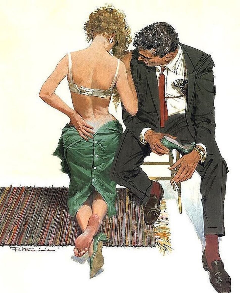 itsiansu's tweet image. i haven&apos;t seen anyone mention it yet but this is based off of a painting by the late Robert E Mcginnis. you might recognize him for his book illustrations or movie posters for James bond, Breakfast at Tiffany&apos;s, etc