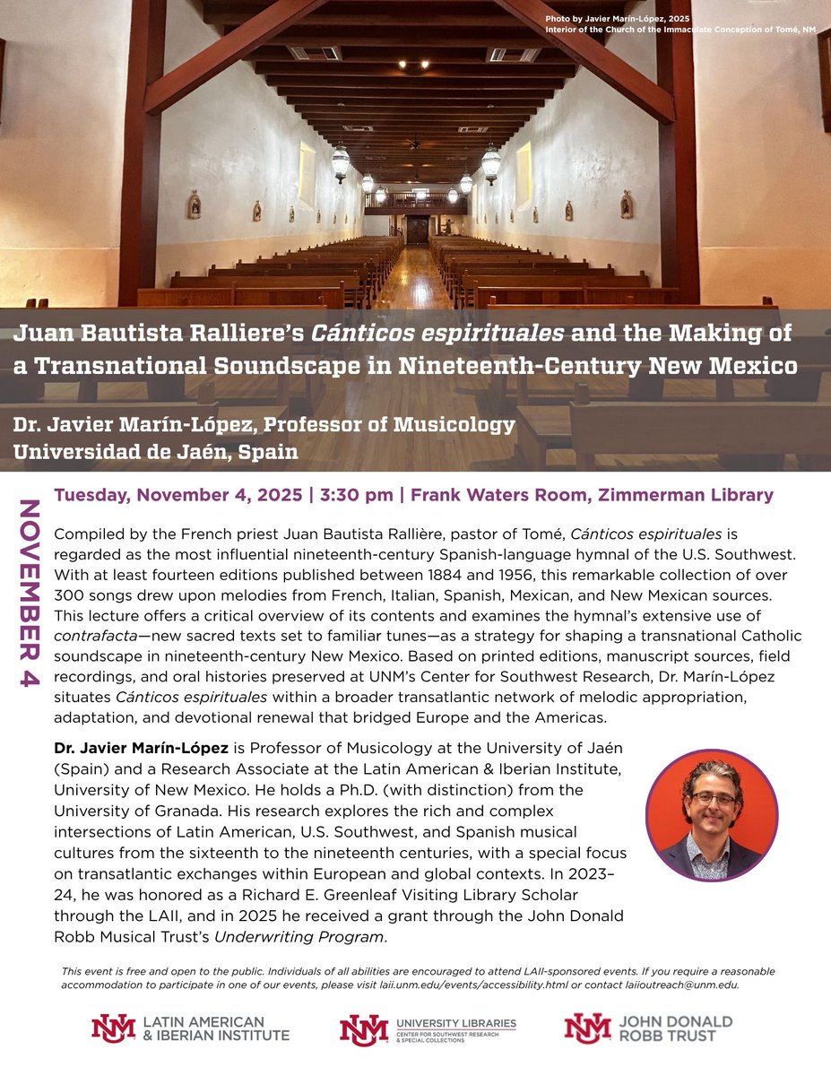 We were honored to welcome back to UNM, Dr. Javier Marín López, Professor of Musicology at Universidad de Jaén, for a captivating lecture titled, Juan Bautista Ralliere’s Cánticos espirituales and the Making of a Transnational Soundscape in Nineteenth- Century New Mexico.🎶