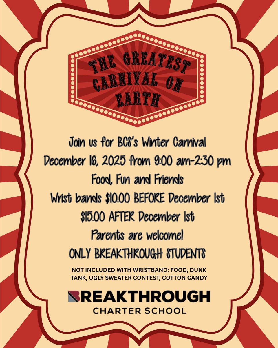 Breakthrough_CS's tweet image. 🎉❄️ Breakthrough Charter School Winter Carnival! ❄️🎉

Get ready for a day full of fun at our Winter Carnival on December 16th from 9:00 a.m. - 2:30 p.m.