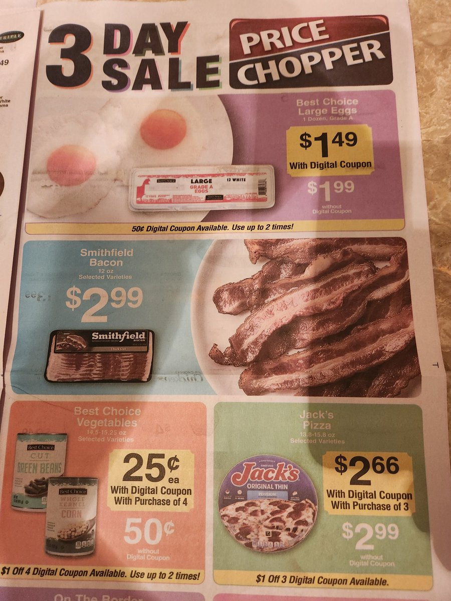 Groceries are coming down. Eggs are $1.49. Beans and corn 25 cents a can.