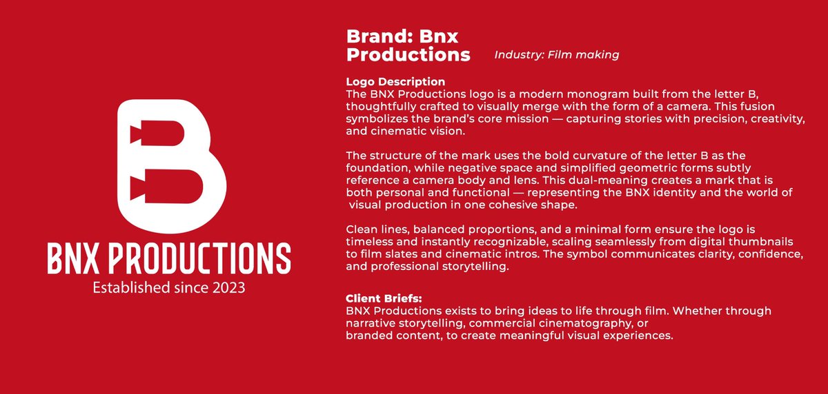 Clancyarts_dez's tweet photo. The BNX Productions logo is a modern monogram built from the letter B, crafted to visually merge with the form of a camera. This fusion symbolizes the brand’s core mission capturing stories with precision, and cinematic vision. https://t.co/mlT2zIm4z5 https://t.co/gf73Mt2ehn
