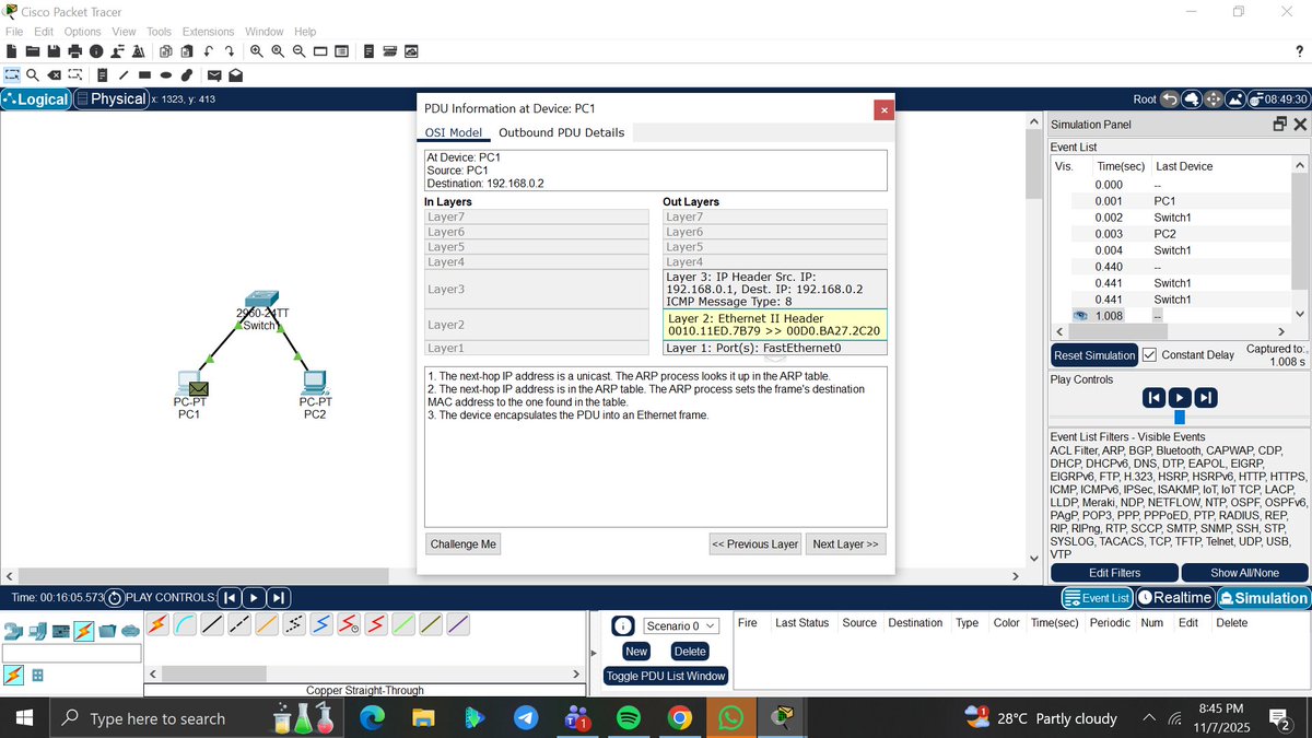 amyy_nwa's tweet image. Day 1/100 #100DaysOfNetworking
I manually assigned IP addresses and ran a ping. Then I used simulation mode to see how the packet travels through OSI layers:  Layer 1 : cables carry the signal  Layer 2 : switch forwards frames using MAC addresses  Layer 3 : ping uses ip add