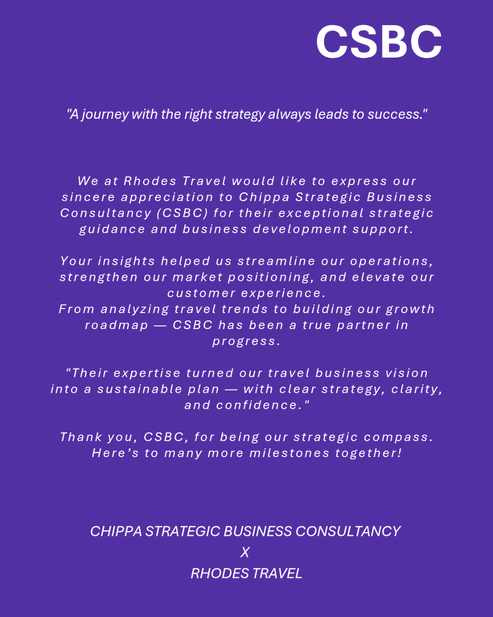 CSBC_India's tweet photo. #ClientAppreciation #RhodesTravel #CSBC #StrategicGrowth #BusinessConsulting #TravelWithPurpose #ChippaStrategic https://t.co/LIeGR82EMs