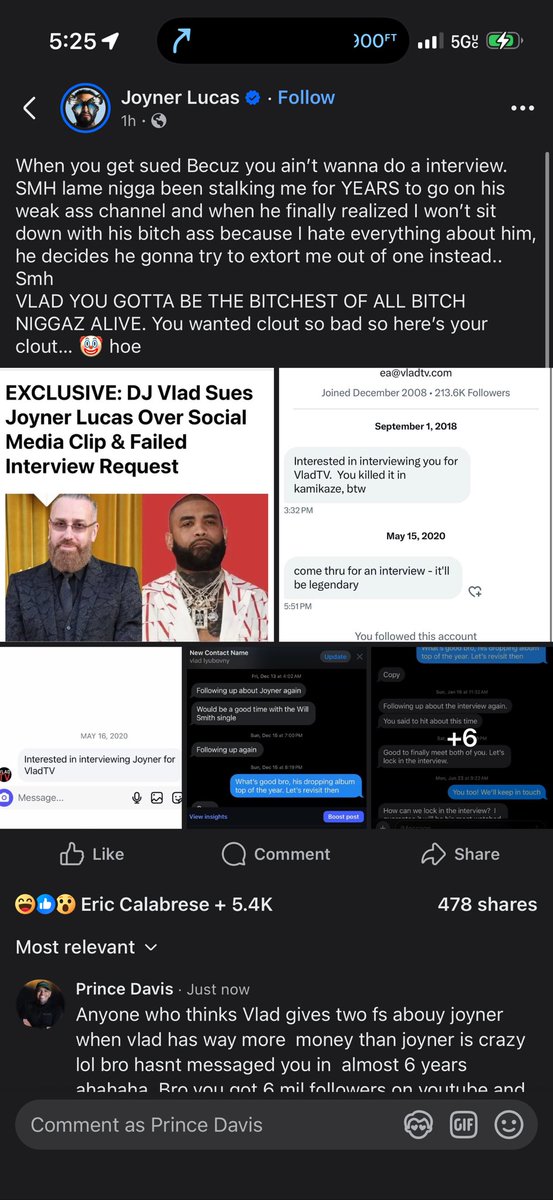 RIDEOUT163's tweet image. Anyone who thinks Vlad gives two fs about  joyner when vlad has way more  money .  joyner is crazy . @djvlad hasn’t messaged you in  almost 6 years ahahaha. Bro you got 6 mil followers on youtube and cant even go gold  on your album. Let  it make sense. @djvlad @JoynerLucas