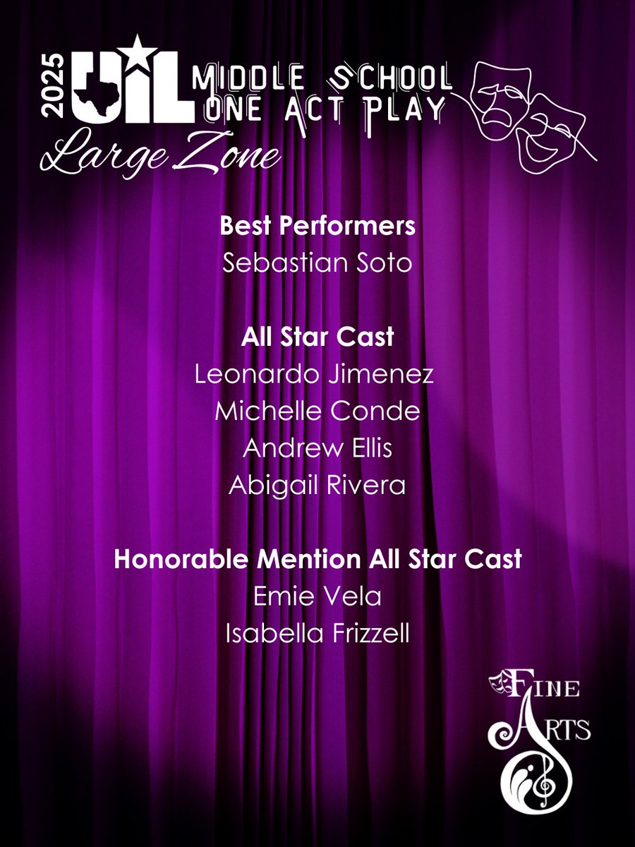 SISD_FineArts's tweet image. Congratulations to Ensor Middle School for receiving 1st Place, Best Technical Crew, Best Performer, and several other individual awards at the UIL Middle School One Act Play Large Zone Competition!

#TeamSISD #SISDFineArts