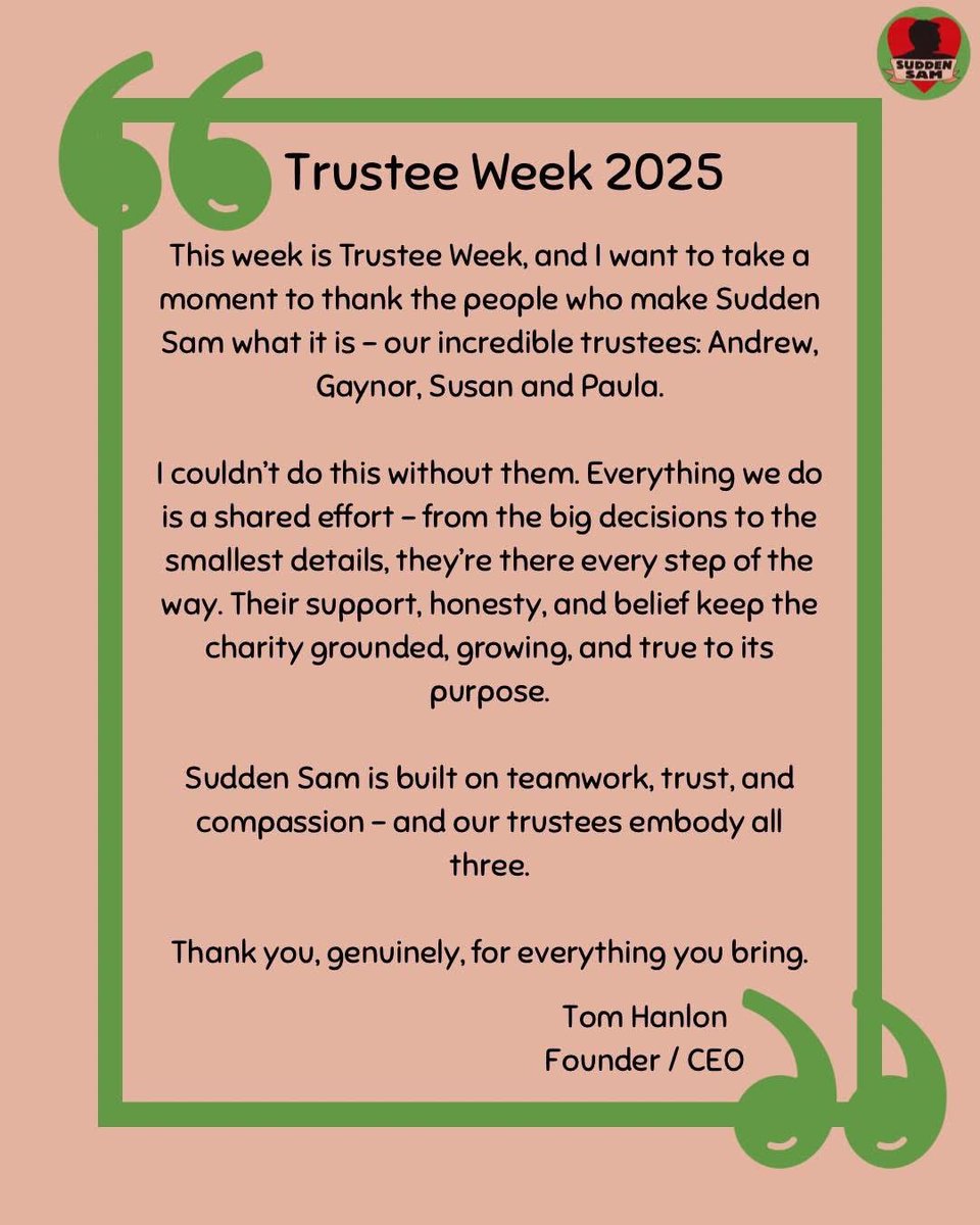 A huge thank you to our trustees - Andrew, Gaynor, Susan, and Paula - for their time, commitment, and belief in everything Sudden Sam stands for. 

❤️