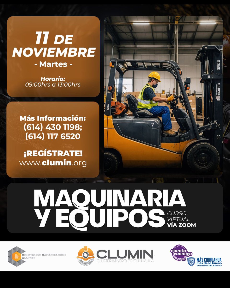 𝗖𝗨𝗥𝗦𝗢 𝗩𝗜𝗥𝗧𝗨𝗔𝗟: MAQUINARIA Y EQUIPOS.
⁣⁣⁣
🗓️ 𝗙𝗲𝗰𝗵𝗮: Martes 11 de Noviembre 2025⁣⁣⁣⁣⁣⁣⁣⁣⁣
🕘 𝗛𝗼𝗿𝗮𝗿𝗶𝗼: 09:00hrs a 13:00hrs⁣⁣⁣⁣⁣⁣⁣⁣⁣
📞 (614) 430 1198⁣