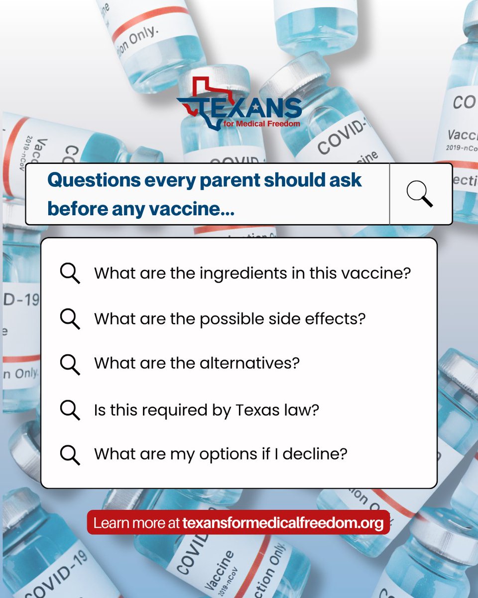 Informed consent starts with questions. 💬

Parents deserve clear answers before any vaccine. What would you ask before making a decision for your child? Reply below. 👇

#MedicalFreedom #InformedConsent #ParentalEmpowerment