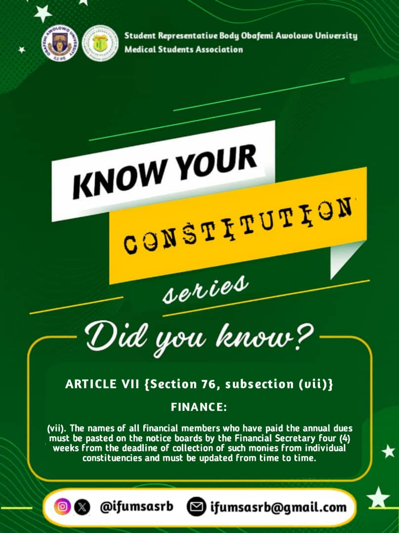 KNOW YOUR CONSTITUTION
A weekly series by the SRB Capacity Building Committee

Did you know?

The Constitution said: “Paste the names of those who paid annual dues.”
💸

Let’s all stop stressing the Constitution abeg. 😂🏛️