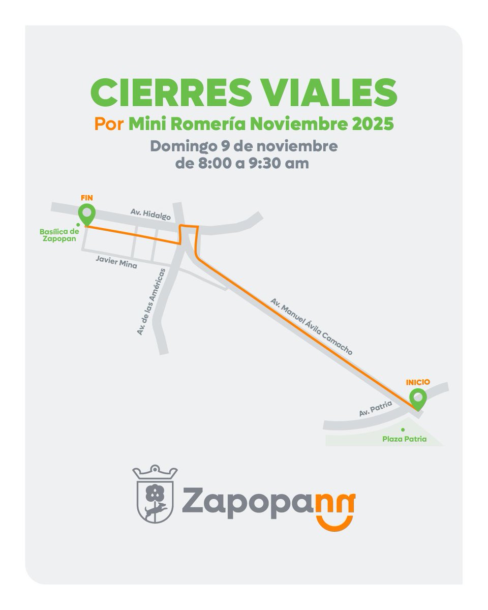 ¡Planea tus trayectos! 🚗🚦

👉🏽 Por la Mini Romería 2025, habrá cierres viales en las rutas. 🚧 
¡Tómalo en cuenta! 

🗓 Domingo 9 de noviembre
⏰ 8:00 a 9:30 am

Agradecemos tu comprensión con las  y los asistentes. 

Ruta: 🔗 bit.ly/43gwwEz