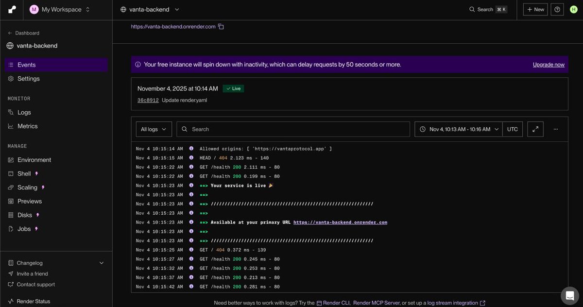VantaProtocol's tweet photo. Vanta backend is LIVE on Render. Health 200, logs green, CORS locked to https://t.co/sTcxfalSS3. Agents online. #VantaProtocol #AI https://t.co/CUT2om4gon
