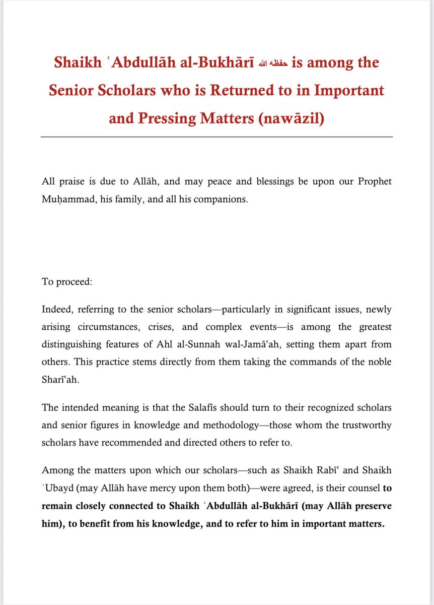 NEW document, Important Reading especially in these times of Fitnah.

[Shaikh ‘Abdullāh al-Bukhārī حفظه الله is from the Senior Scholars who is returned to…]

By Shaikh ‘Abdul-Bāsit al-Mash-hadānī حفظه الله

📍Read Full 9-page Document here on this link: t.me/SalafiDawaLanc…