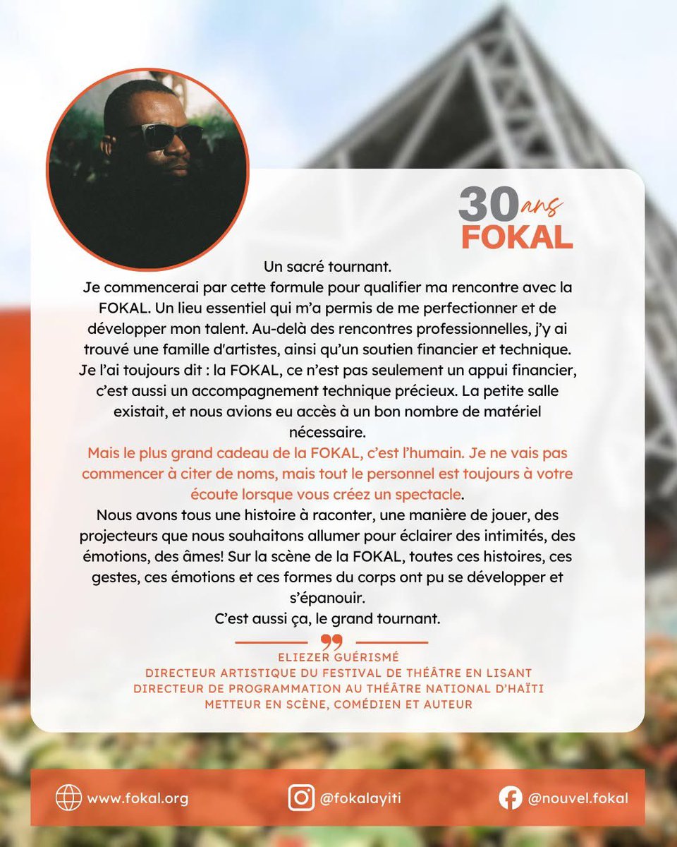 EliezerGuerisme's tweet photo. 💬Témoignage #10 – #EliezerGuerismé
Metteur en scène, comédien et auteur, @EliezerGuerisme souligne combien l’accompagnement de #FOKAL a été déterminant dans son parcours artistique &amp; professionnel. 
Découvrez son témoignage.👇

#FOKAL30ans #TémoignagesFOKAL #Haïti  #Art #Théâtre https://t.co/gYEn6FXiDh
