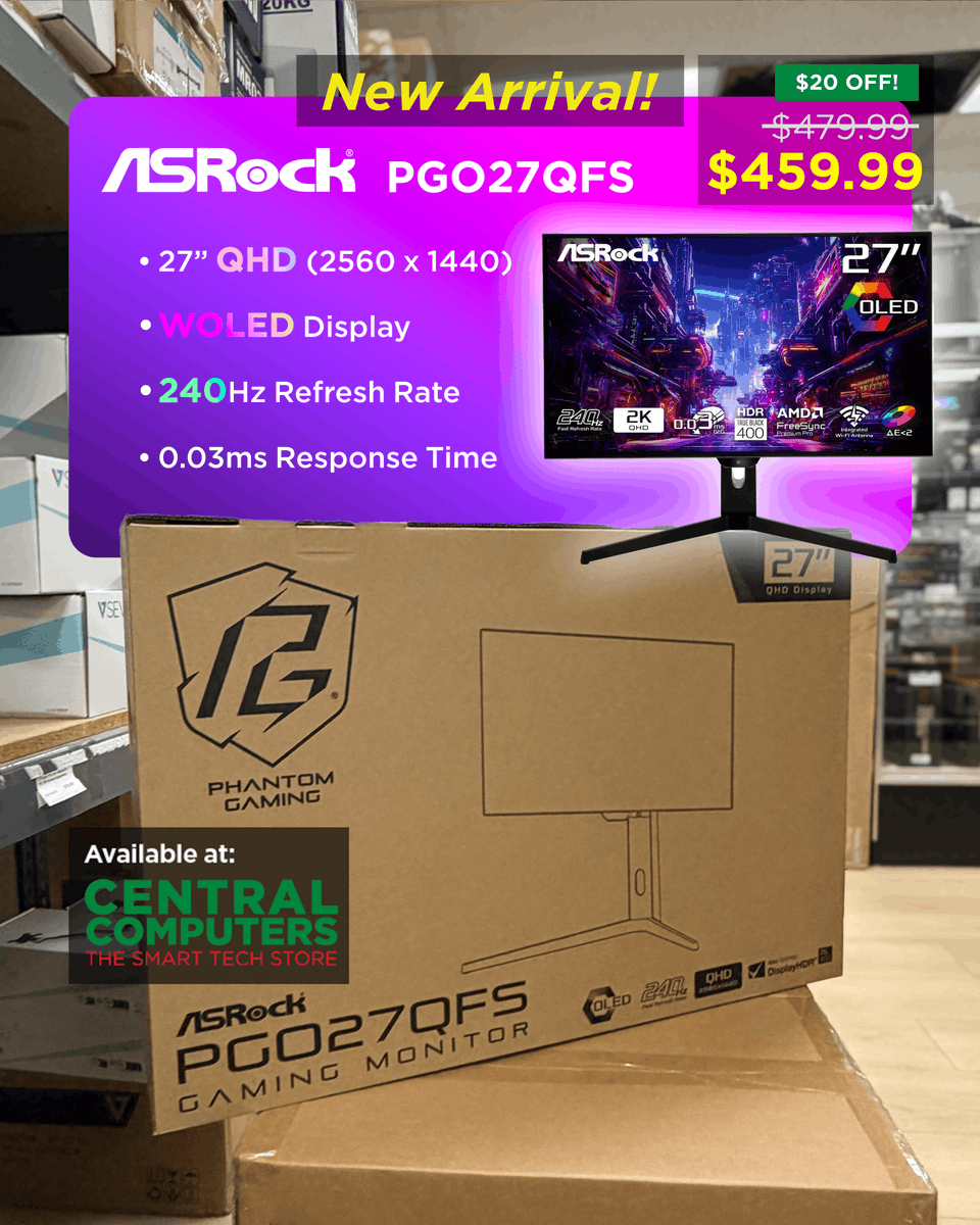 centralcomputer's tweet photo. The OLED market keeps getting better.
@ASRockInfo ASRock's PGO27QFS is now available at Central Computers! For a limited time, score yourself a premium 27" WOLED 1440p panel with a built in KVM switch for only $459.99.
Shop Now: 🔗 https://t.co/7bw1RQTPt4
#ASRock #WOLED #GamingMonitor #CentralComputers