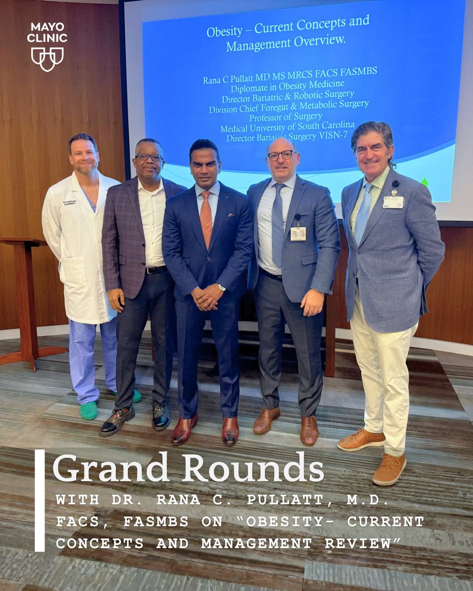 MayoJaxGenSurg's tweet photo. This week we welcomed Dr. Rana C. Pullatt, M.D., FACS, FASMBS for a #GrandRounds presentation on “Obesity—Current Concepts and Management Review.”
He discussed obesity as a disease, its evidence base, and the future of bariatric + #roboticsurgery.
We appreciate your expertise! https://t.co/VWt0KMlNFi