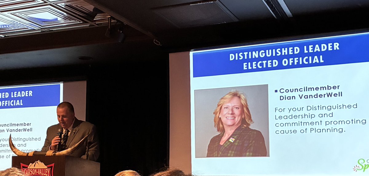 DianVanderWell's tweet photo. I was honored to receive the Distinguished Leadership Award as an elected official at the APA Annual Conference. Grateful to share this recognition with our City of Sparks Community Development team- together we plan for thriving, well-managed growth! #sparksproud #votevanderwell https://t.co/YfKAN3yI5X