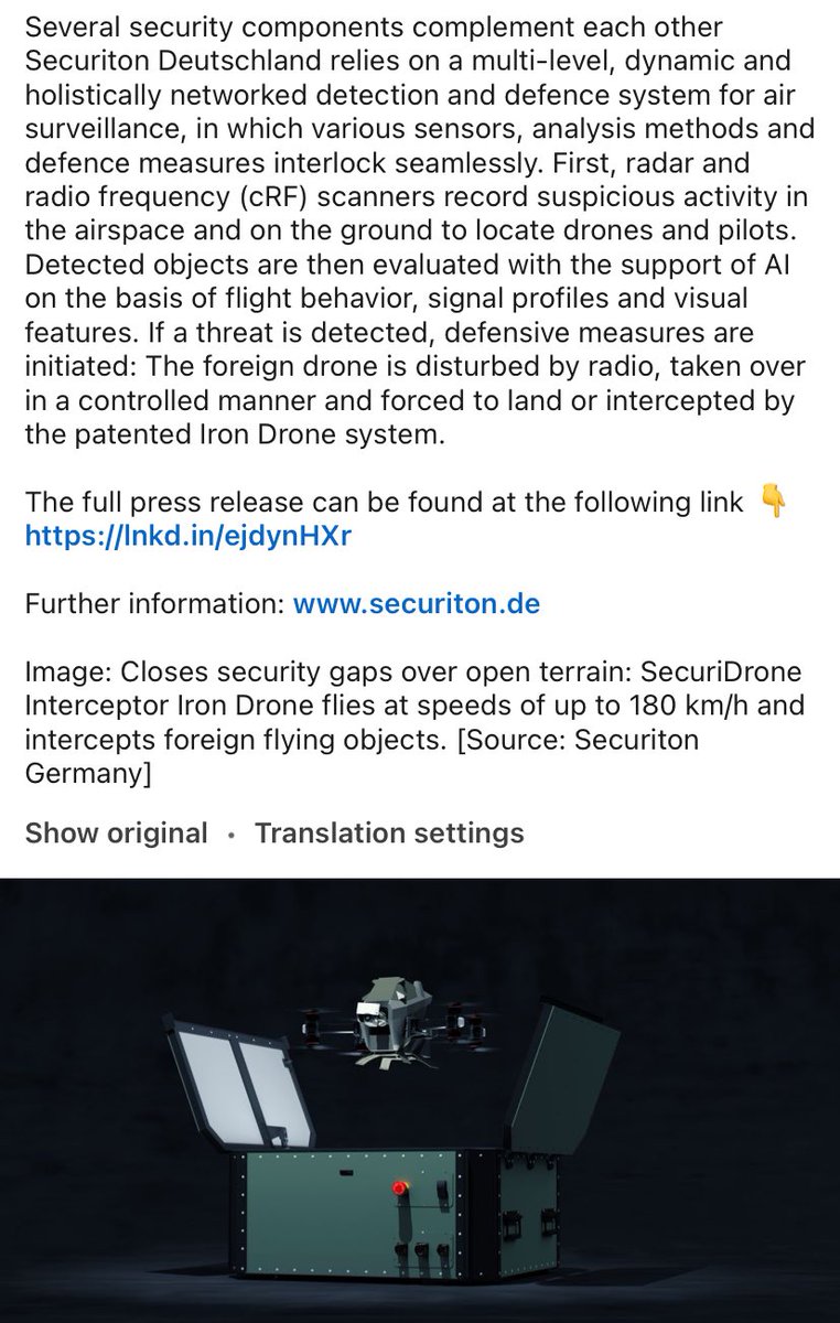 $ONDS 🇩🇪 

Securiton Germany have selected the Iron Drone Raider as the kinetic interception solution for c-UAS, as part of the system they’re offering to the German Armed Forces. 

More updates coming soon.