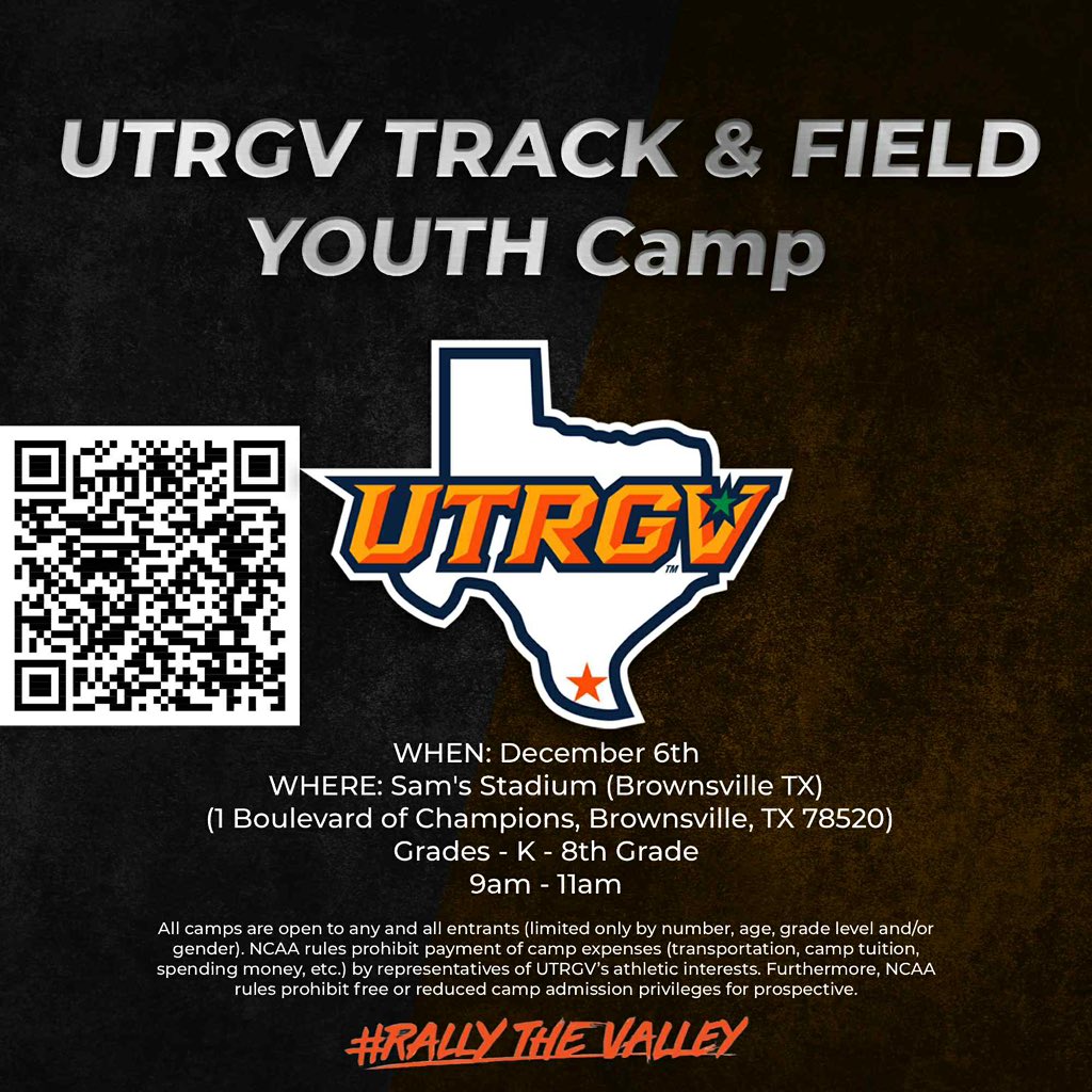 📣 Save the Date!
Join us for the UTRGV Track &amp; Field Youth Camp 🏃‍♂️🏃‍♀️
📅 December 6
📍 Sam’s Stadium – Brownsville, TX
🕘 9 AM – 11 AM
Open to Grades K–8

Don’t miss this chance to train with UTRGV Track &amp; Field!
#RallyTheValley | #UTRGV | #TrackAndField | #BISDAthletics