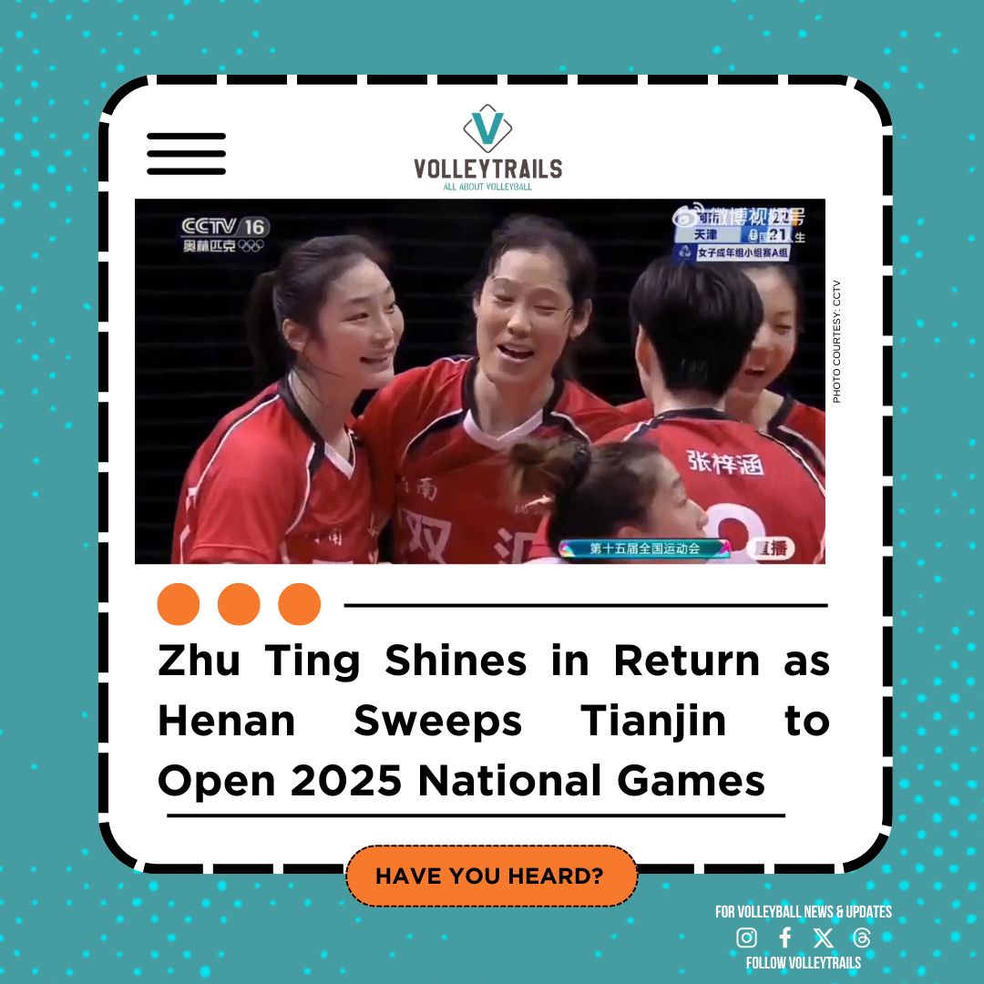 volleytrails's tweet photo. The 15th National Games of China officially kicked off yesterday with Henan sweeping Tianjin in straight sets: 25-21, 25-18, 25-22. 

Zhu Ting powered Henan with an explosive 26 points, while Tianjin’s star Li Yingying was limited to 12 points.

🇨🇳 #Volleyball #ZhuTing #15thNationalGames