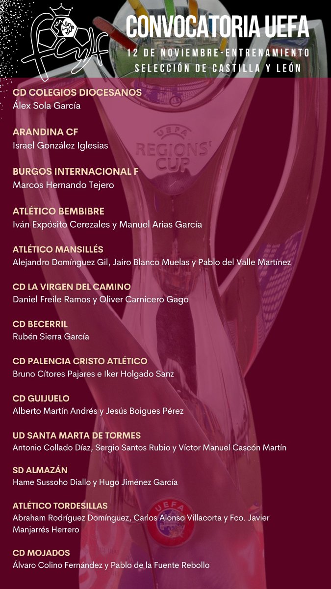 FCyLF's tweet photo. SELECCIONES / @FCyLF 

Convocatoria @UEFAcom_es ⚽️12 de noviembre
Sesión de entrenamiento 📌

ℹ️https://t.co/rc3SvMikqP https://t.co/2ZmlrnPyCj