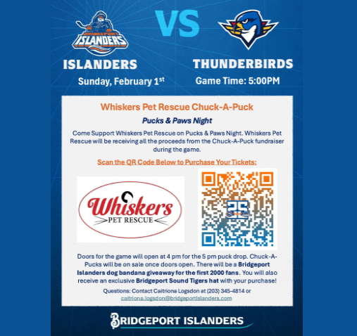 Join us in section 114 - Whiskers ticket holders will all be in the same section! 😊 Bring your friends and family!

Whiskers will receive all proceeds from the Chuck-A-Puck fundraiser during the game!
TICKETS: gofevo.com/event/Whiskers…
📅 Date: Sunday, February 1