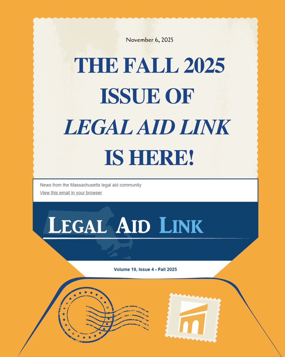 The Fall issue of Legal Aid Link is out now!  Catch up on the latest news, updates, and inspiring work from legal aid organizations across Massachusetts.

📰 Read it here: loom.ly/UxEwQgA

Not on our mailing list yet? Be sure to subscribe so you don’t miss future issues!