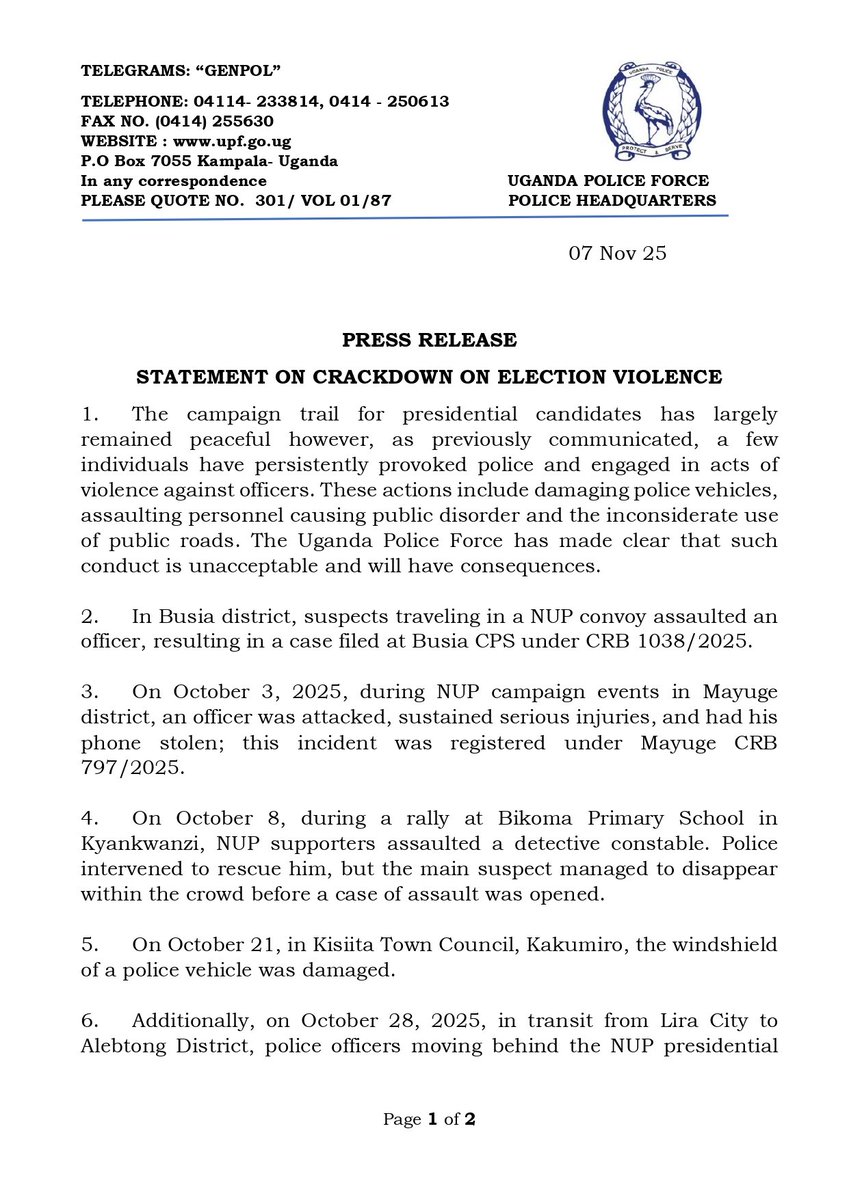 TusiimeSheila's tweet image. Police cautions against electoral violence.