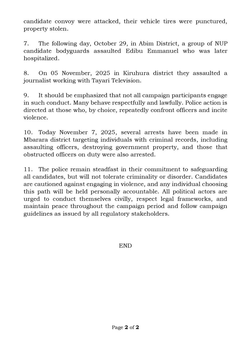 TusiimeSheila's tweet image. Police cautions against electoral violence.