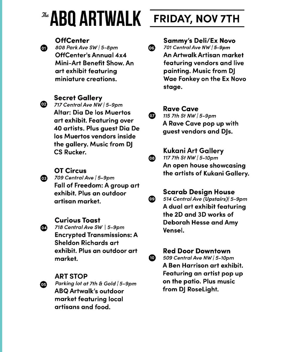 ABQartwalk's tweet photo. TONIGHT is ABQ Artwalk 5-9pm! Grab the Eric Romero Map Edition at participating venues or online to see all of tonight’s featured artists &amp; events 🍁 New Exhibits • Night Market Energy! Join us tonight for ABQ ARTWALK! https://t.co/ChWoIU3d7v