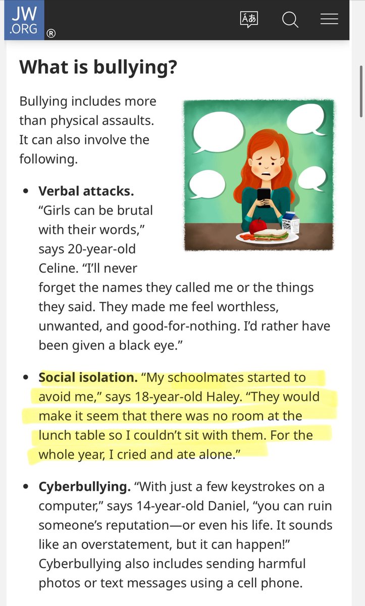 1/5 Social Isolation is described as a form of bullying in an article on JW org.
#JW use social isolation as punishment because they practice shunning.

Therefore they bully.

jw.org/en/bible-teach…