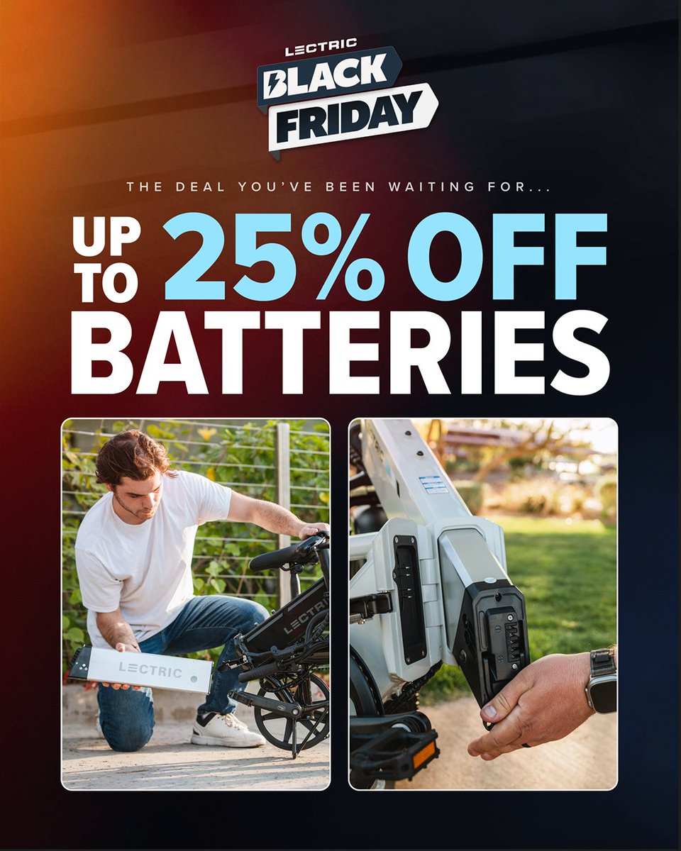 lectricebikes's tweet image. New Deals!: Power up your adventures and save up to 25% on eBike batteries this Black Friday! 🔋

An extra battery doesn’t just double your range, it lets you explore more, ride longer, and stay ready whenever adventure calls! 🌄

Charge up and save today!
lectricebikes.com