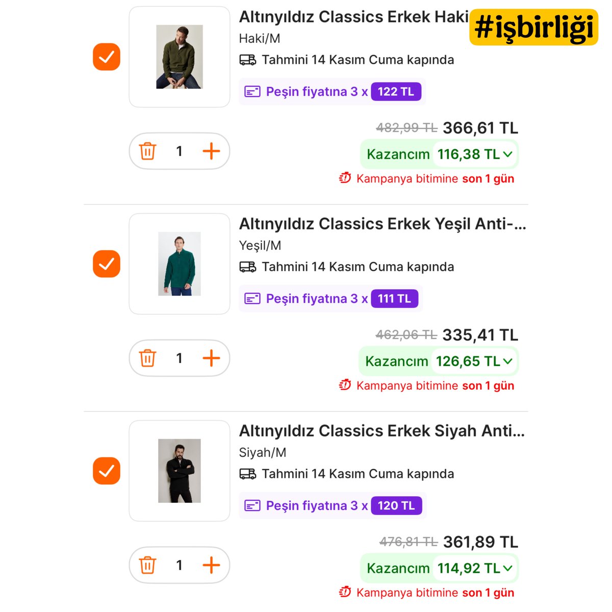 STOKLAR GÜNCELLENDİ anlık bütün renk ve bedenler stokta

ALTINYILDIZ polar sweatshirtler sepette 335 liraya kadar düşüyor linkteki tüm ürünler sekmesinin en üstünde çıkıyor. ürünün altından renk beden seçimi yapın 900'e 300 ek indirim oluyor sepette