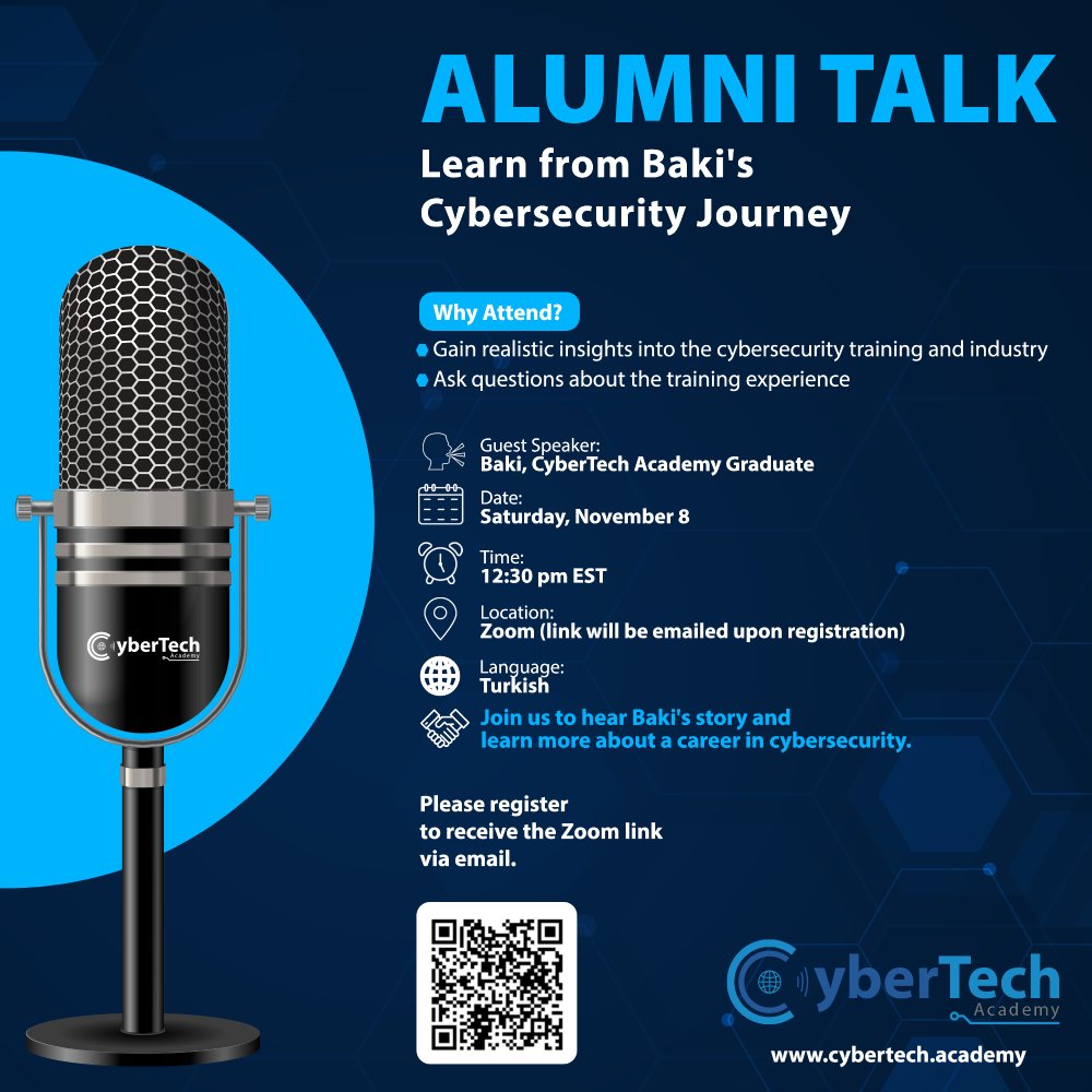 cybertechacad's tweet image. Join us to hear Baki’s inspiring journey and discover what a career in cybersecurity could look like for you.

Speaker: Baki, CyberTech Academy Graduate
Date: Saturday, November 8
Time: 
12:30 pm EST
5:30 pm GMT (UK time)
Language: Turkish
Registration: us02web.zoom.us/webinar/regist…