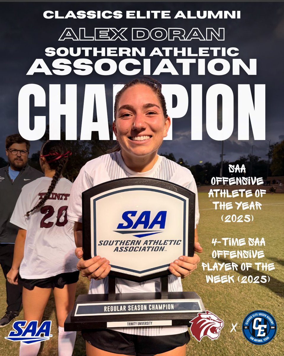 ClassicsEliteSA's tweet image. 🏆 CE Alumni
Congrats to Alex Doran at Trinity University for winning the regular season conference championship! 👏⚽
🔴 SAA Offensive Athlete of the Year (2025)
🔴 4-time SAA Offensive Player of the Week (2025)
#CEAlumni #ClassicsElite #theCEway #ProudMoment