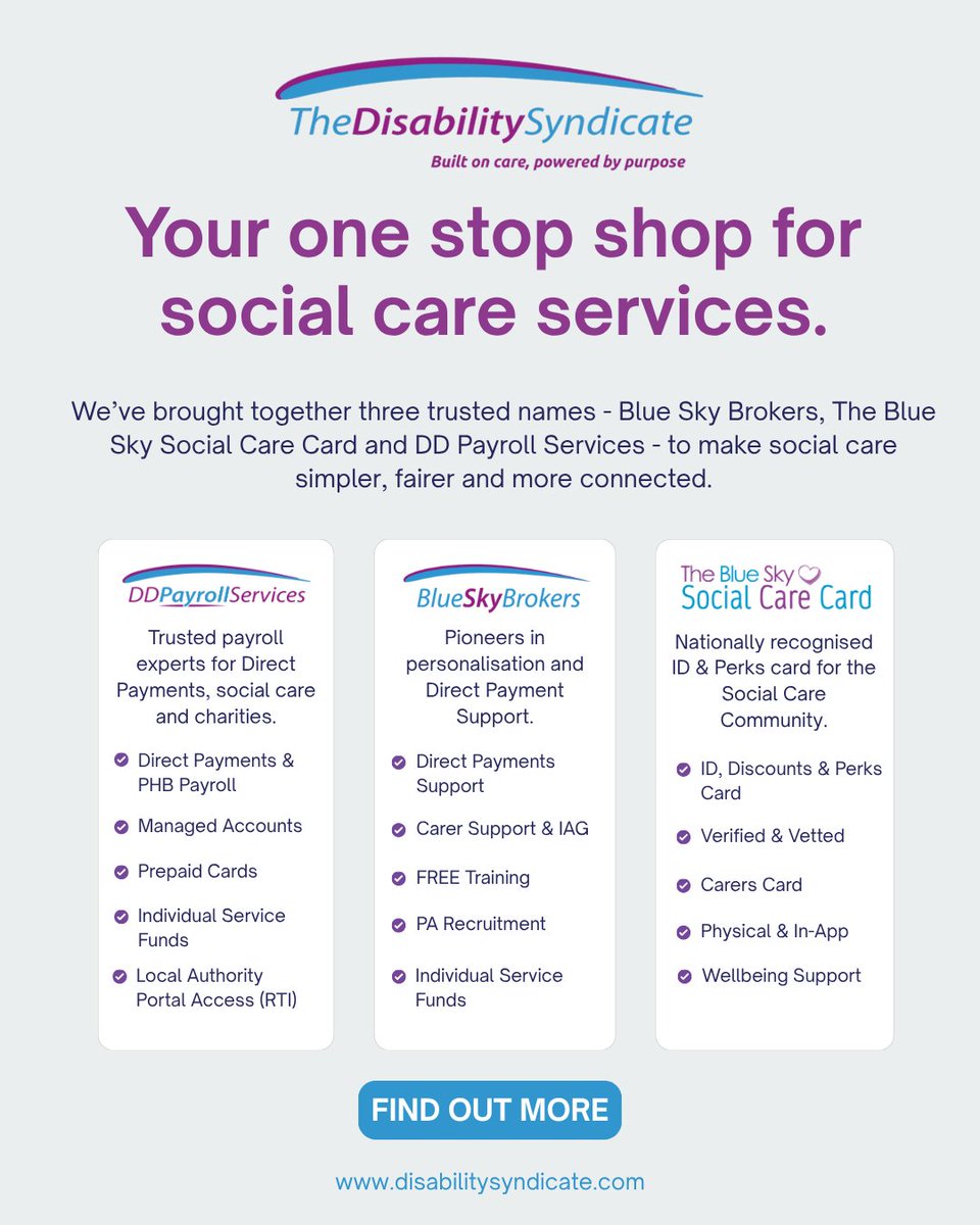 BlueSkyCareCard's tweet photo. Social care just got simpler.
We’ve brought together everything you need, payroll, recruitment, support, guidance, and perks all in one place.
Feel supported. Feel confident. Feel connected.
All under one roof with The Disability Syndicate 💜

https://t.co/XVd10KQnCW https://t.co/f9Qew73DcD