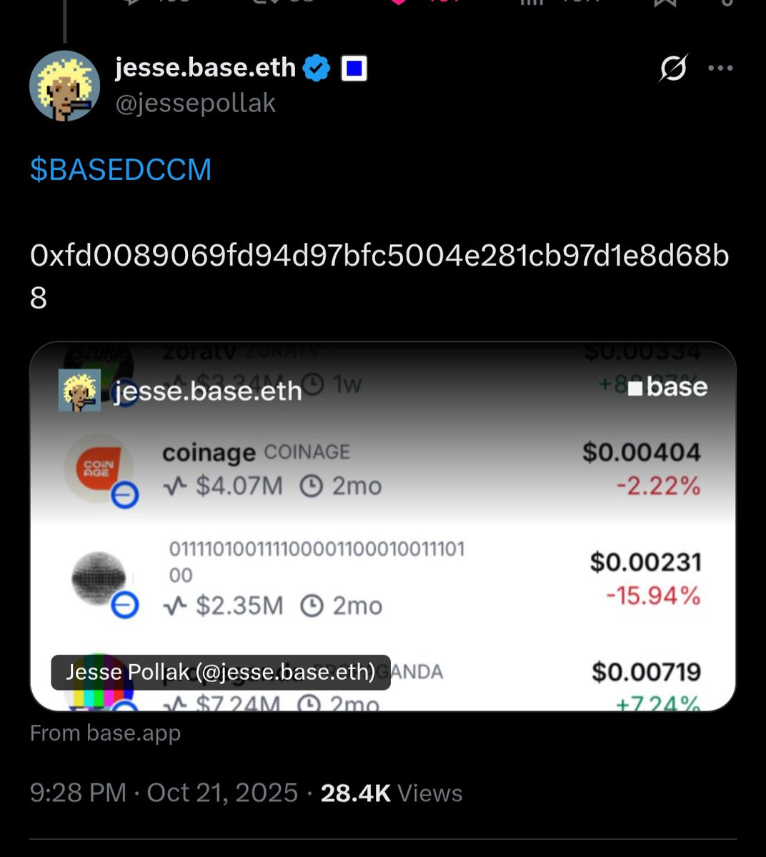 $BASEDCCM is the ultimate alpha play on <a href="/base/">Base</a> 🟦

<a href="/jessepollak/">jesse.base.eth</a> himself launched Creator Capital Markets and shouted out the ticker — this is the narrative king of onchain creator economy.

CA: 0xfD0089069Fd94D97Bfc5004e281CB97D1E8D68B8

With Base exploding and memecoins + creator