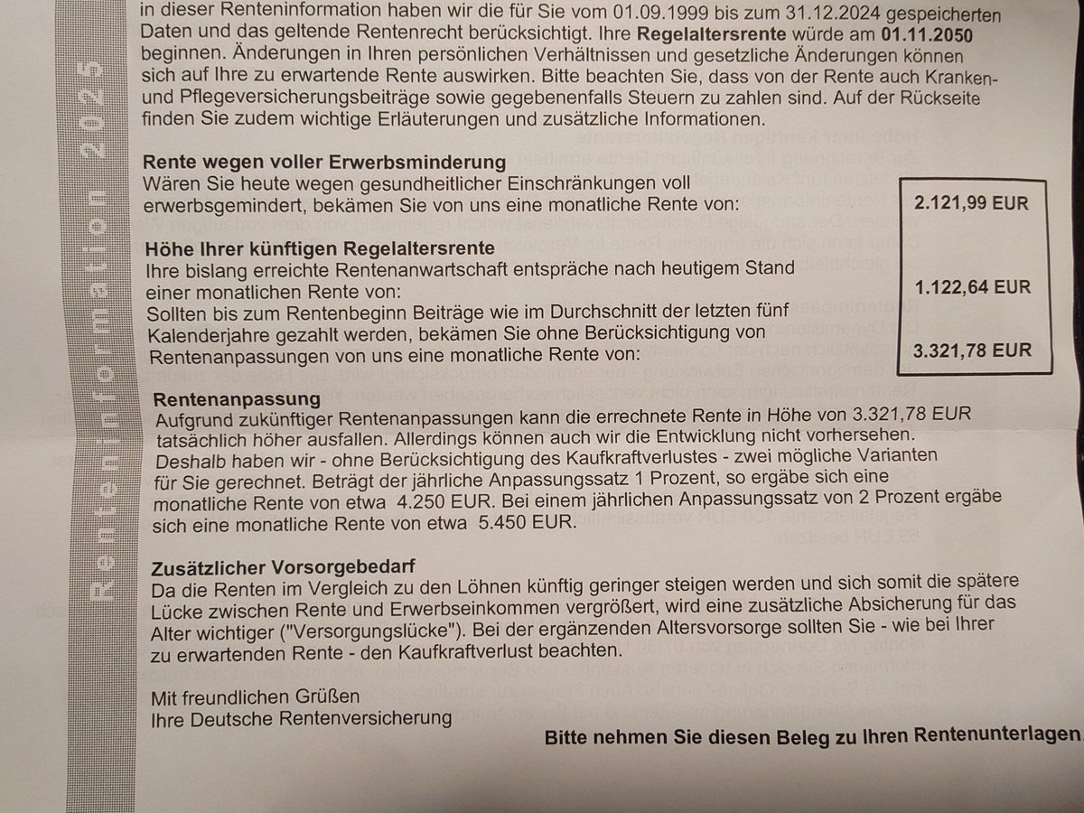 Meine Halbzeit #Renteninformation ist da. Ich habe "nur" noch 25 Jahre bis zur Regelaltersgrenze #Rente und ich bin vor 25 Jahren mit meiner ersten Ausbildung ins Berufsleben eingestiegen. Überlege mit 50J ein paar Rentenpunkte zu kaufen und dafür dann früher in Rente zu gehen.