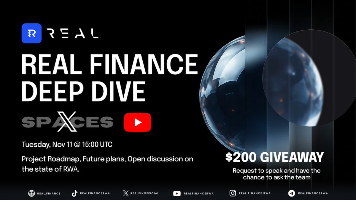 RealFinOfficial's tweet photo. 🚀 REAL FINANCE DEEP DIVE AMA 🚀

Join us LIVE as we pull back the curtain on what’s next for Real Finance!

📅 Date: November 11, 2025
⏰ Time: 15:00 UTC
📺 Where: YouTube & X (Twitter) Live

We’re covering:
✅ Project Roadmap & Progress
✅ Future Plans & Vision
✅ Open Discussion on the State of RWA

PLUS:
🔮 An exclusive sneak peek revealed for the FIRST TIME ever!
🎁 $200 GIVEAWAY for the top 10 questions asked LIVE during the event!

Bring your questions, curiosity, and energy - this is one AMA you won’t want to miss!

Set your reminder & join when it's ready:
https://t.co/21wa3B6vkX

Let’s make waves together! 🌊