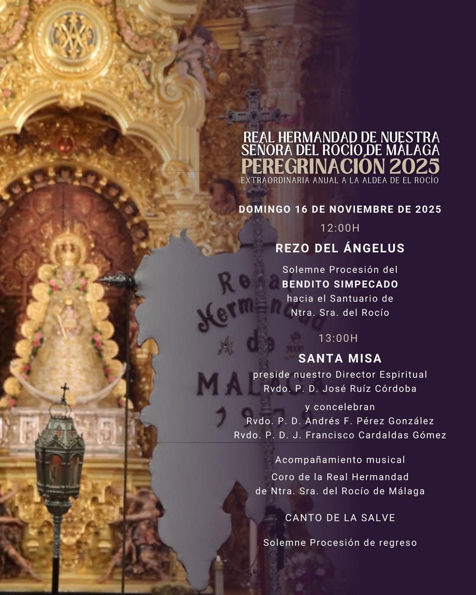 HDADMALAGA's tweet photo. 🟣⚪️ PEREGRINACIÓN 2025 | Como cada noviembre, nuestra Hermandad peregrinará hasta la aldea de El Rocío para postrarse a las plantas de la Blanca Paloma y el Pastorcito Divino en la misa del domingo 16 a las 13:00h. https://t.co/5Z4oFeqwsh