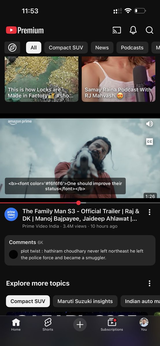 mohit__nain's tweet photo. @PrimeVideoIN 
The Family Man S3 trailer is outstanding as always 👏
Just a quick note — the YouTube subtitles seem to show HTML code (e.g. <font color='#f6f6f6'>) instead of normal text.
Might be a caption file encoding issue.
Sharing so your team can correct it. https://t.co/KUlLoILJgP