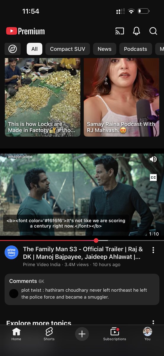 mohit__nain's tweet photo. @PrimeVideoIN 
The Family Man S3 trailer is outstanding as always 👏
Just a quick note — the YouTube subtitles seem to show HTML code (e.g. <font color='#f6f6f6'>) instead of normal text.
Might be a caption file encoding issue.
Sharing so your team can correct it. https://t.co/KUlLoILJgP