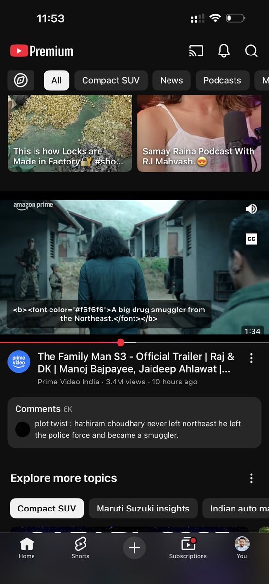 mohit__nain's tweet photo. @PrimeVideoIN 
The Family Man S3 trailer is outstanding as always 👏
Just a quick note — the YouTube subtitles seem to show HTML code (e.g. <font color='#f6f6f6'>) instead of normal text.
Might be a caption file encoding issue.
Sharing so your team can correct it. https://t.co/KUlLoILJgP