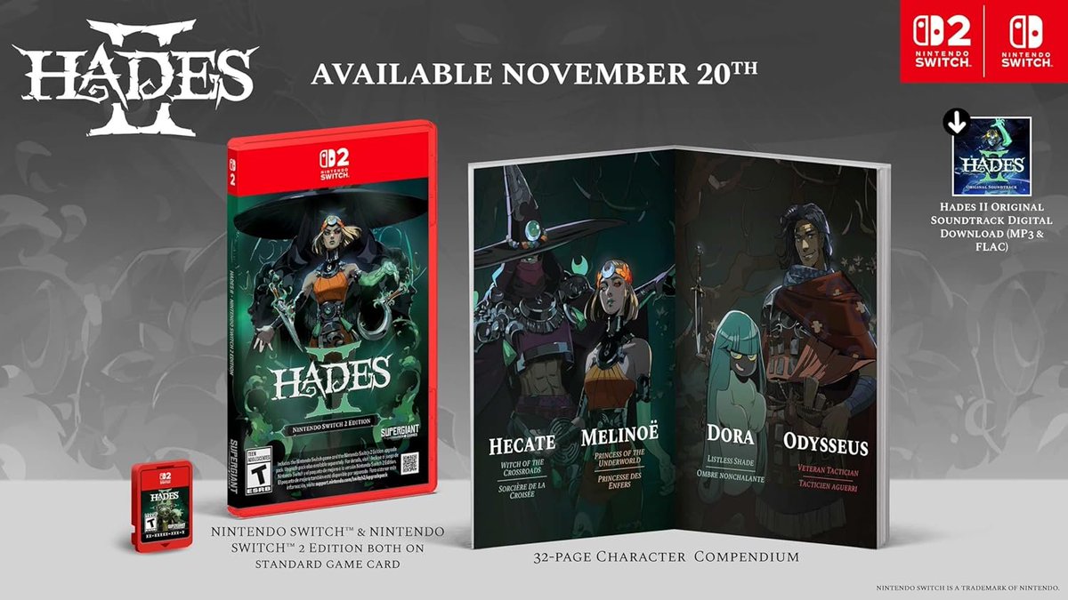 Here are the contents of the Hades II physical release
- Physical game card works in both Switch 1 (base game) and Switch 2 (base game plus SW2 upgrade)
- 32-page character compendium
- OST download code

Links for all retailers: bit.ly/3K4zUeY $49.99 releases Nov 20