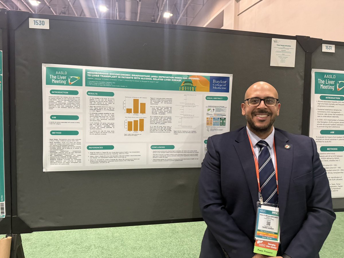 drislambadr's tweet image. 🚨 ADI and access to liver transplant for patients with ALD.
 🔨 Alcohol legal issues, Family history of AUD, higher MELD scores were hurdles to liver transplant, while insurance status 💵 was insignificant. 
Under mentorship of Dr @PrasunJalal @bcm_gihep 
#TLM2025 @AASLDtweets