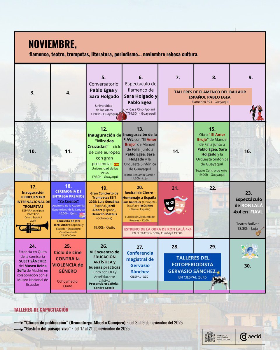Nuestra programación cultural se intensifica en noviembre: flamenco, teatro, trompetas, literatura, periodismo... y mucho talento español.
¡Les invitamos a disfrutar, inspirarse y formarse con nosotros en todo el país! 💃🎭🎺📖📸
Consulten el calendario con toda la información⬇️